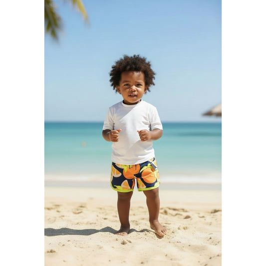 SVRN Code Kids Orange & Navy Swim Shorts With Citrus Print Size 2T