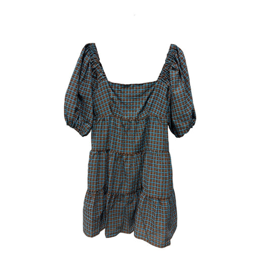 WAYF Plaid Tiered Mini Dress With Puff Sleeves In Blue & Brown