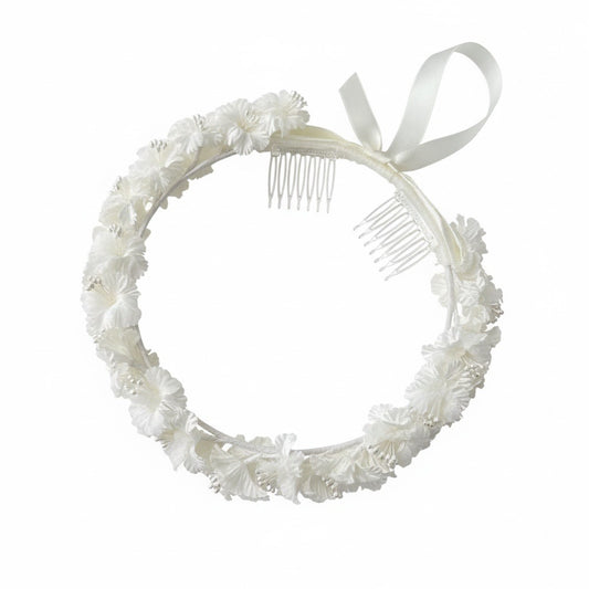 Set of 2 Floral Ivory Satin Flower Crown With Ribbon & Comb Attachments For Weddings Or First Communion