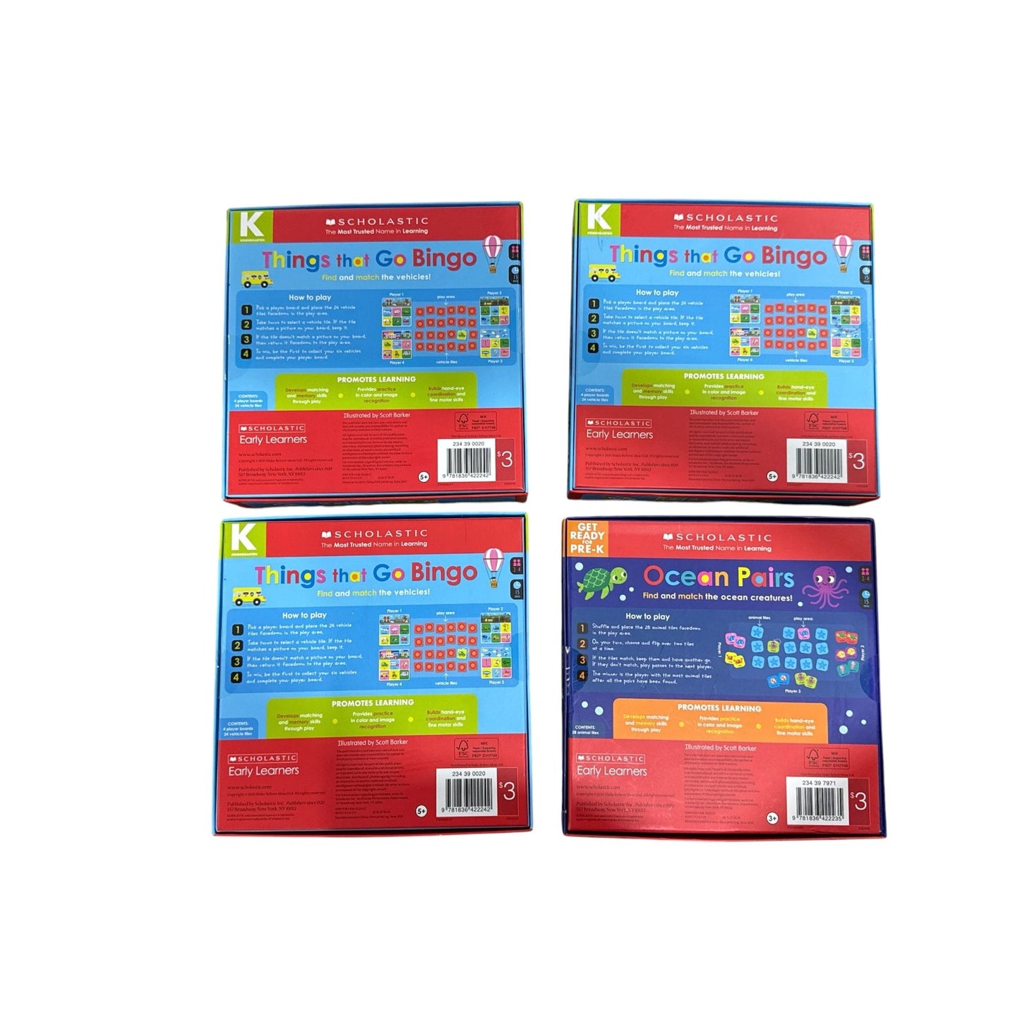 Things That Go Bingo & Ocean Pairs Scholastic Early Learners Educational Games Set (4pcs. Set)