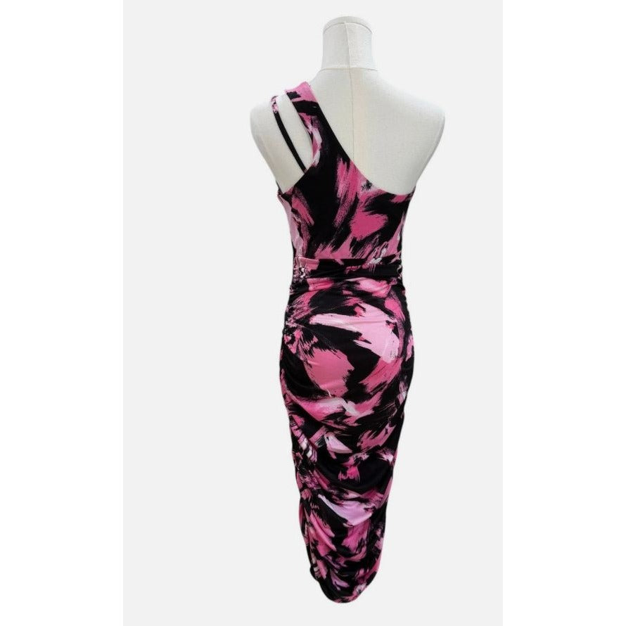 One-Shoulder Pink & Black Abstract Print Dress XS By The Fashion Spot