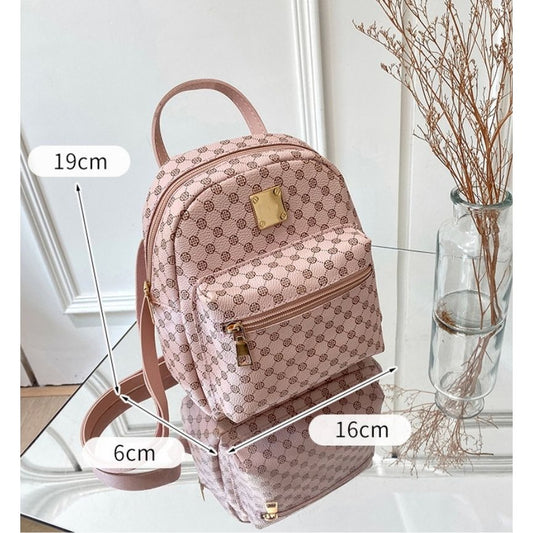Set of 3 Mini Faux Leather Backpacks With Gold Hardware & Geometric Pattern (White, Pink, & Brown)