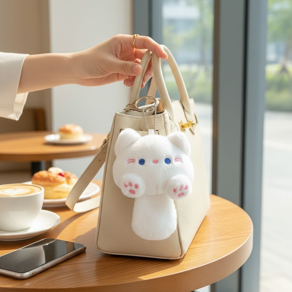 Cute White Cat Plush Charm For Bags & Accessories