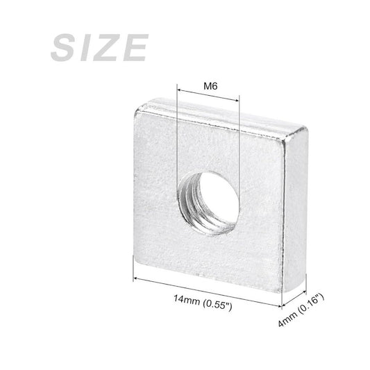25 Pcs M6 Square Nuts 14mm X 14mm X 4mm Zinc-Plated Steel For Industrial & DIY Use