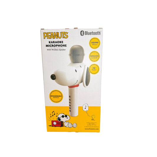 Peanuts Snoopy Karaoke Microphone With Wireless Speaker Bluetooth Rechargeable Battery Onboard Controls FM Radio Yellow Box Design