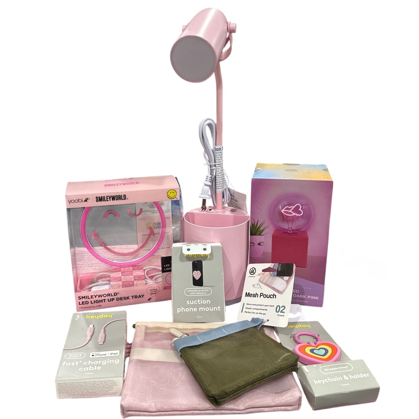 Pink Desk Accessories Set: LED Lamp, Light-Up Tray, Lip Filament Bulb, Fast Charging Cable, Mesh Pouch, Phone Mount, & Keychain