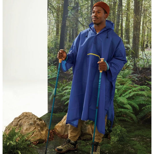 Reusable Blue Hooded Rain Poncho With Front Pocket By Embark One Size Fits Most Lightweight & Packable Design