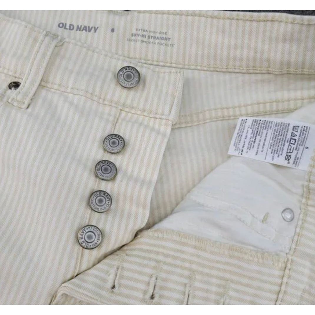 Old Navy Women's Extra High-Rise Sky-Hi Straight Jeans Size 16 Tall Beige & White Striped