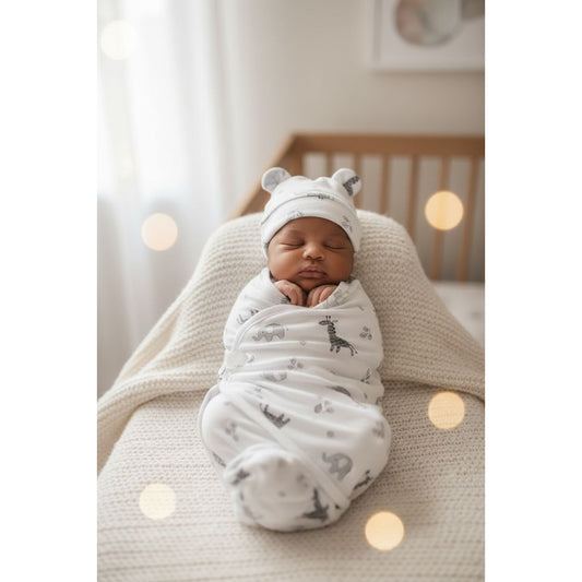 Baby Swaddle Blanket & Hat Set With Animal Print Soft Cotton Adjustable Wrap Newborn Unisex