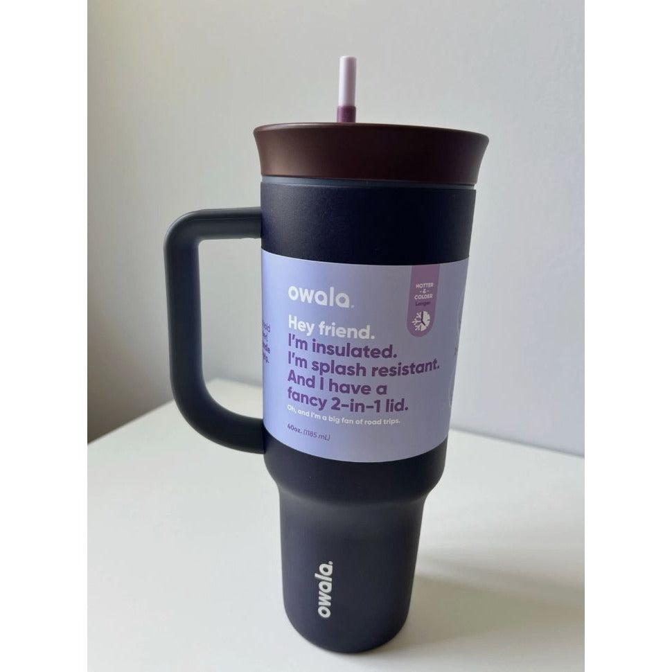 Owala 40oz Insulated Travel Tumbler With Handle & Straw 2-In-1 Lid Splash Resistant BPA-Free Purple & Brown