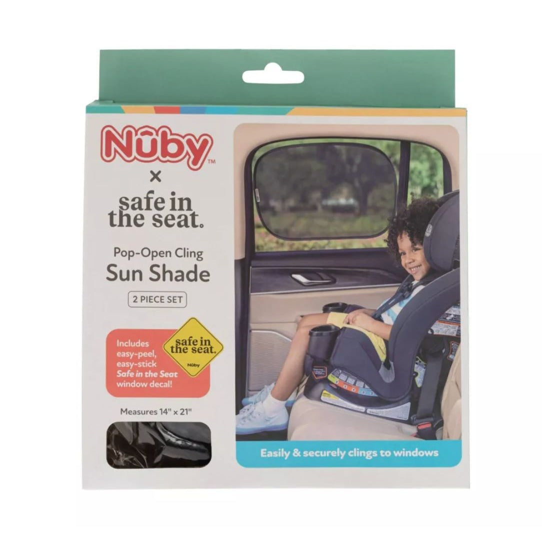 Nuby Pop-Open Cling Sun Shade 2-Piece Set 14" x 21" Easy-Peel Decal UV Protection Universal Fit For Car Windows