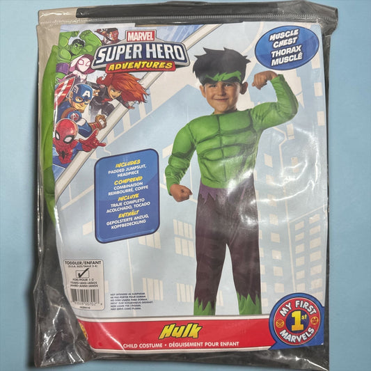 Marvel Super Hero Adventures Hulk Toddler Costume Size 2T-4T Muscle Chest Padded Jumpsuit & Headpiece