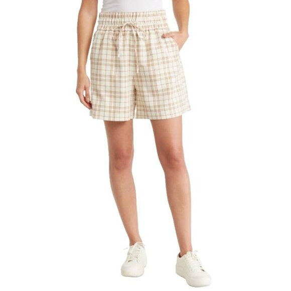Melrose & Market Women's Plaid Elastic Waist Shorts With Pockets X-Small Beige & Tan