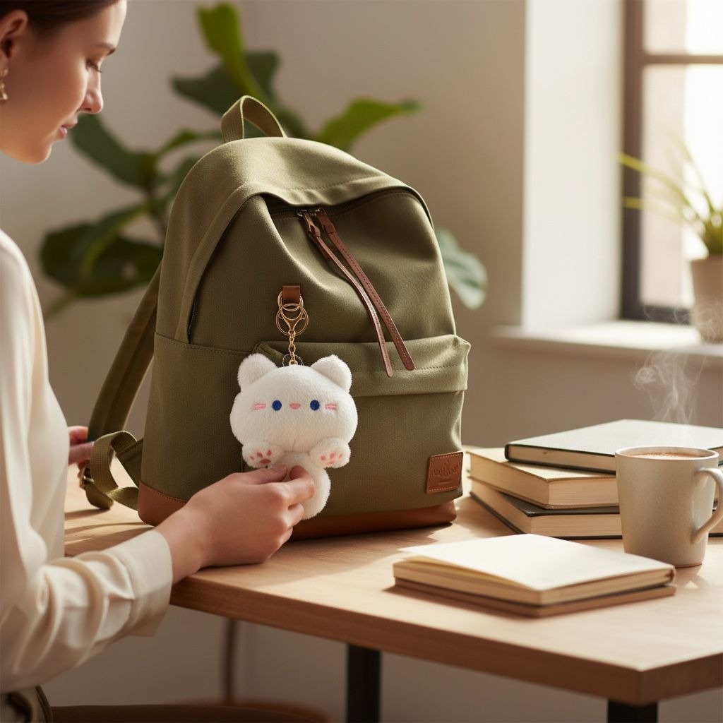 Squeak Chao Cool Meng Casual Cute Plush Cat Keychain With Gold Clasp & Chain - White Soft & Adorable Accessory For Bags Or Keys