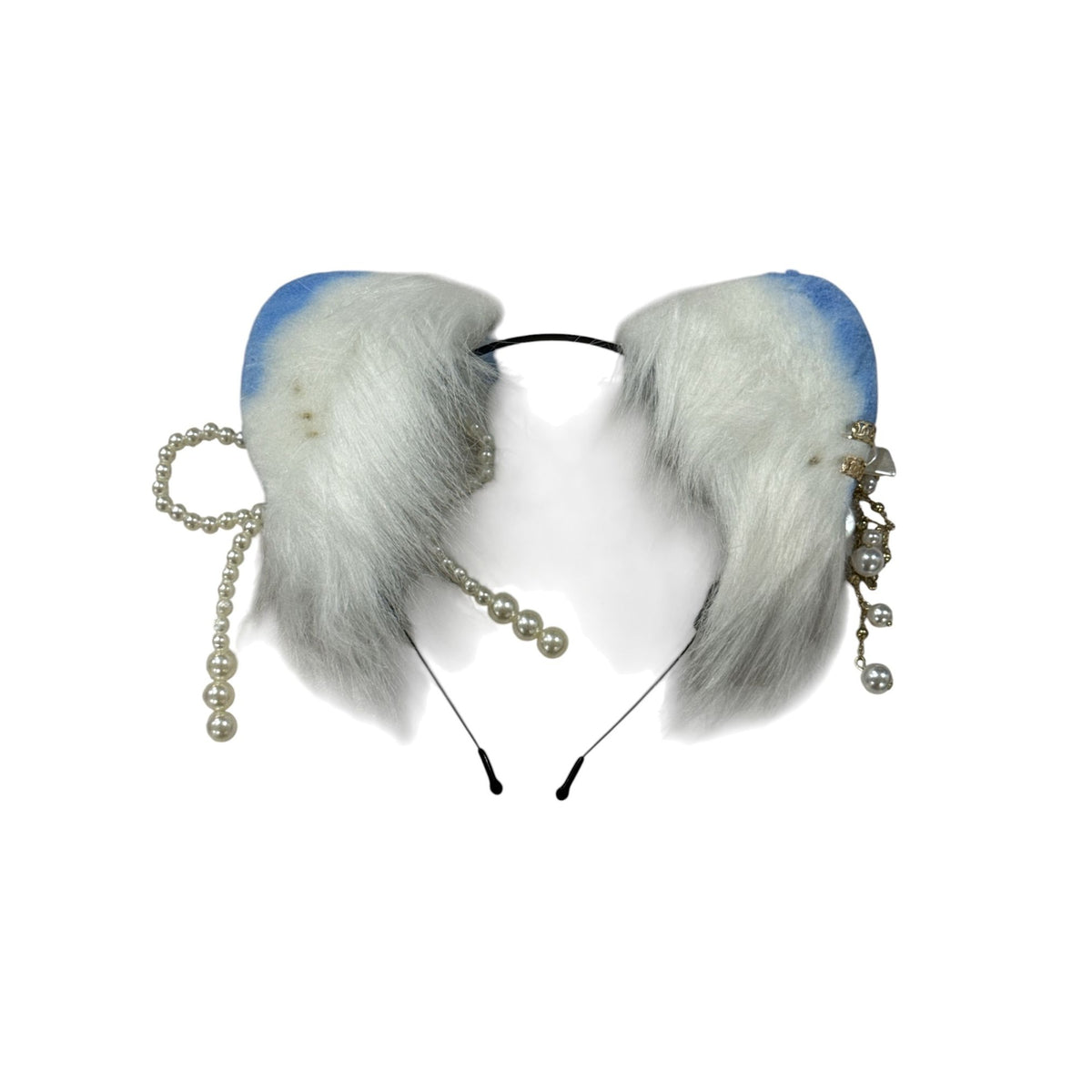 Faux Fur Cat Ear Headband With Pearls & Bow Embellishments For Cosplay Or Costumes