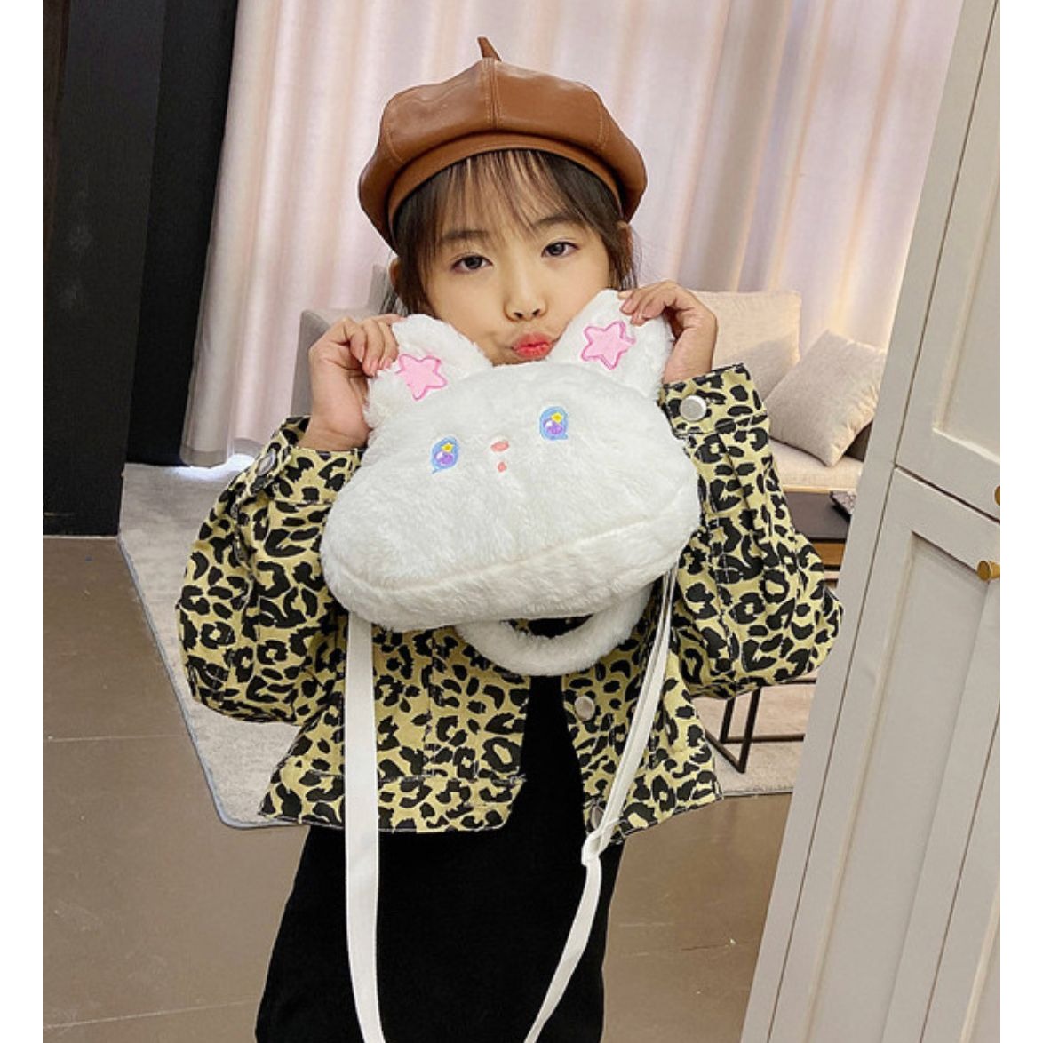 Fluffy Bunny Ears Handbag With Pink Star Details Soft Plush Material Adjustable Strap Zipper Closure Cute For Kids & Teens