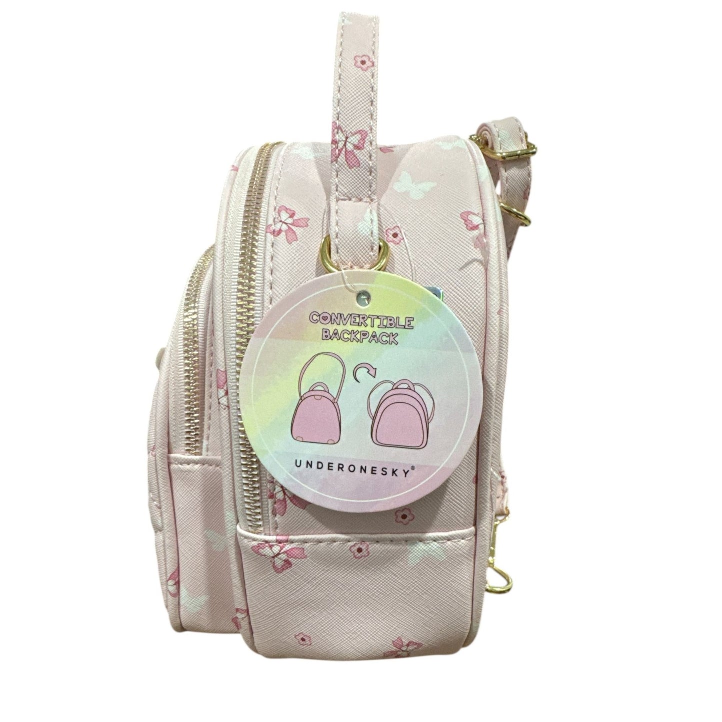 Underonesky Pink Convertible Mini Backpack With Floral & Butterfly Design