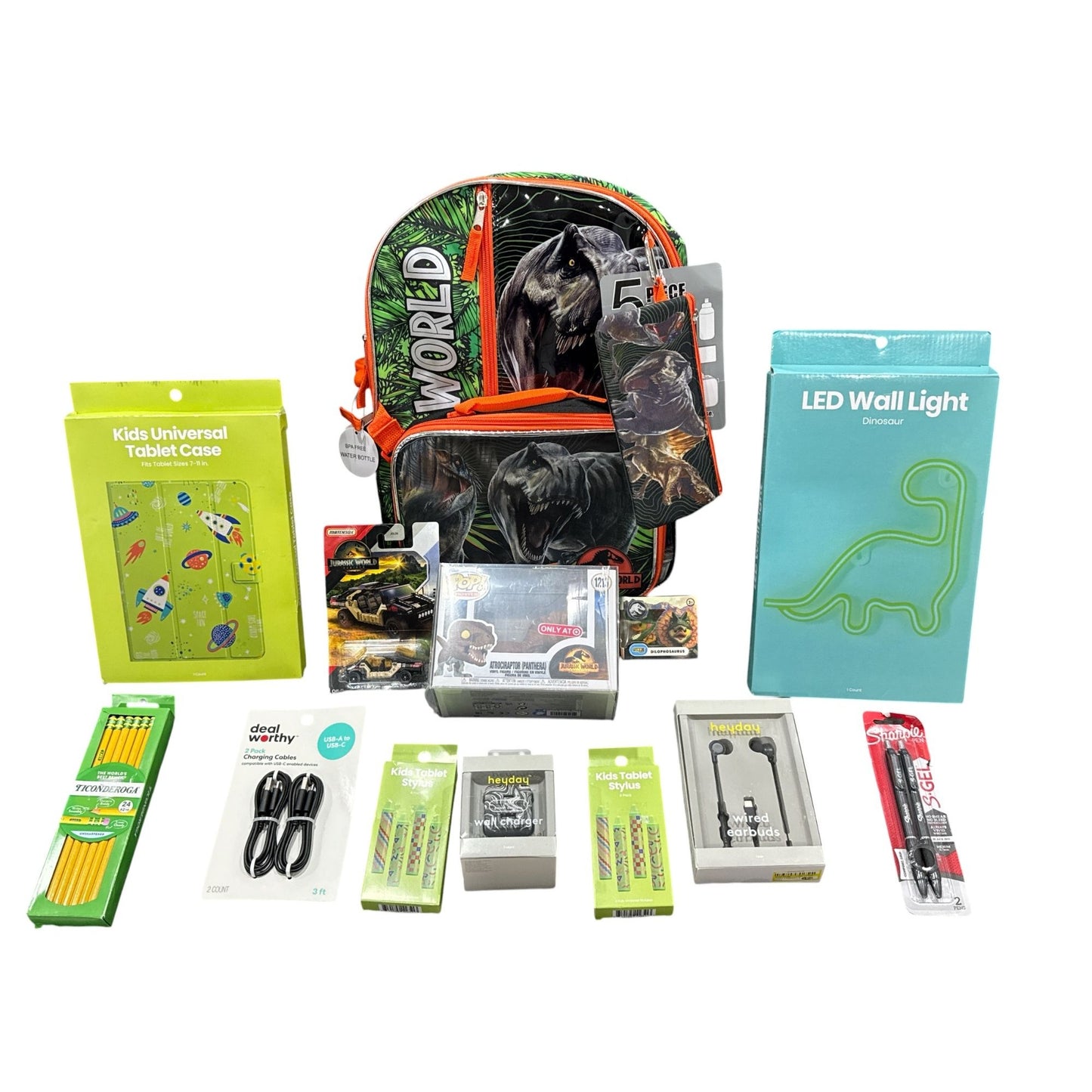 Jurassic World 5-Piece Backpack Set With Lunch Bag, Water Bottle & Accessories Plus Kids Accessories Bundle