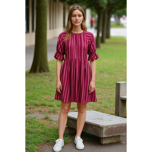 Striped Burgundy Ruffle Sleeve Mini Dress By Maisie - Womens Size S