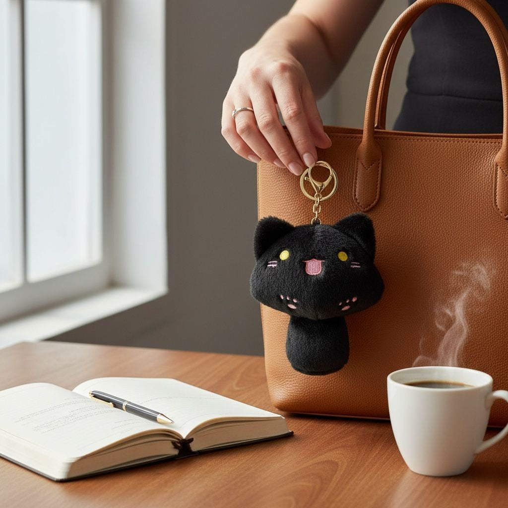 Squeak Chao Cool Meng Casual Plush Black Cat Keychain With Gold Clasp - Cute Accessory For Bags Or Keys