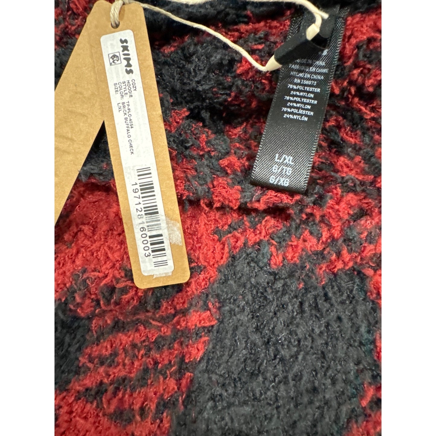 Skims Buffalo Plaid Oversized Hoodie Sweater Red & Black Cozy Fleece Women's Size L/XL