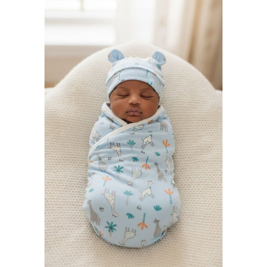 Baby Swaddle Blanket & Hat Set With Giraffe Print - Soft Cotton Wrap For Newborns