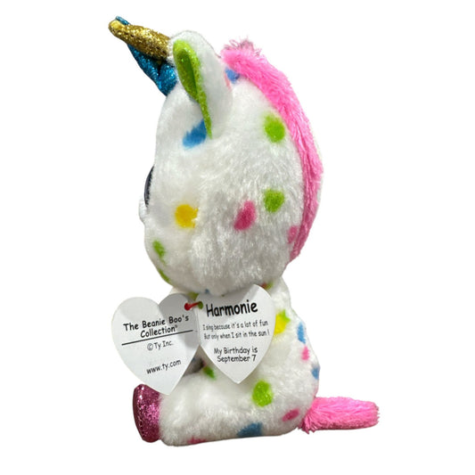 Ty Beanie Boos Harmonie Unicorn Plush 6" White With Multicolor Polka Dots & Glitter Accents