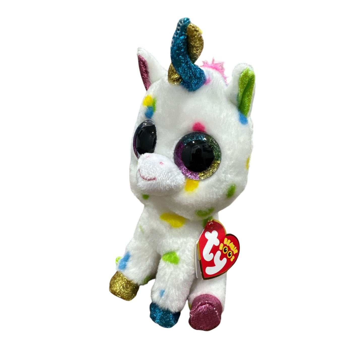 Ty Beanie Boos Harmonie Unicorn Plush 6" White With Multicolor Polka Dots & Glitter Accents