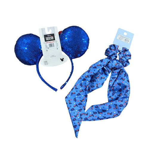 Disney Minnie Mouse Sequin Headband & Oh My Stars Scrunchie Bow Set Kids Patriotic Red White & Blue