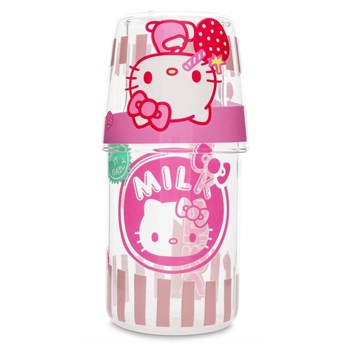 Hello Kitty Glass Water Pitcher With Cup 18 Oz (532 Ml) Pink & White Design Includes Cup With Strawberry Graphic