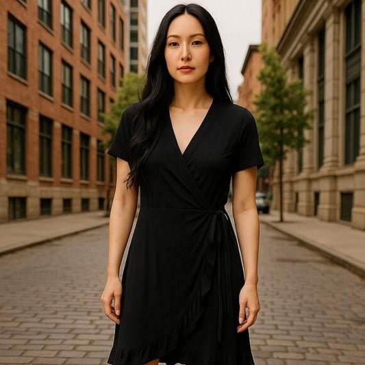 Abound Black Wrap Dress With Ruffle Hem Short Sleeves Women's Size M