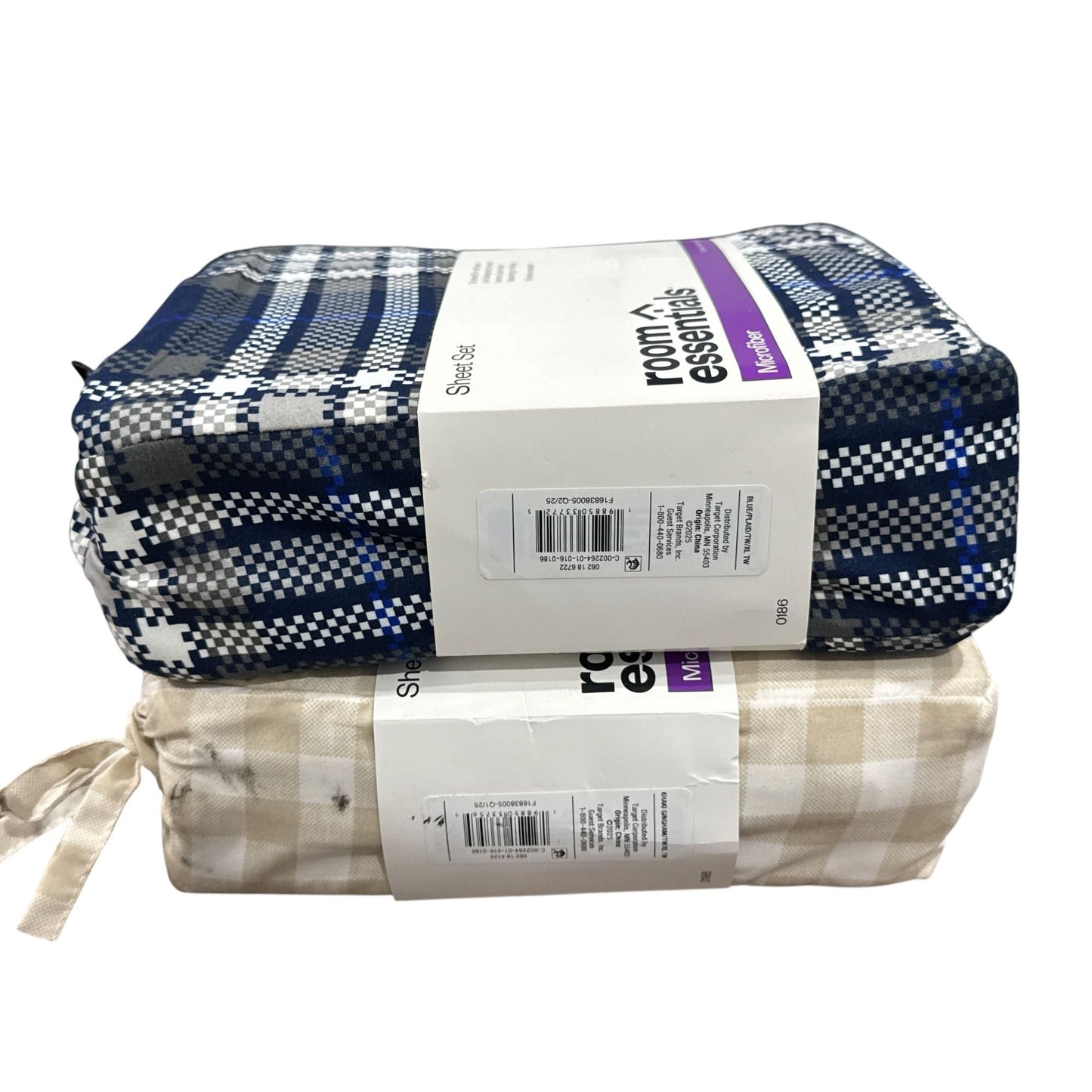 Set of 2 Room Essentials Twin XL Microfiber Sheet Sets Beige Checkered & Blue Plaid Wrinkle-Resistant