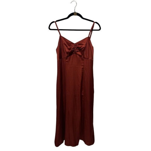 Melrose & Market Rust Red Satin Midi Slip Dress With Ruched Front Detail & Adjustable Spaghetti Straps - Size Small
