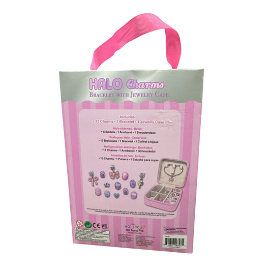 Halo Charms Bracelet With Jewelry Case - 13 Charms 1 Bracelet 1 Case Pink Bow Design Ages 5+