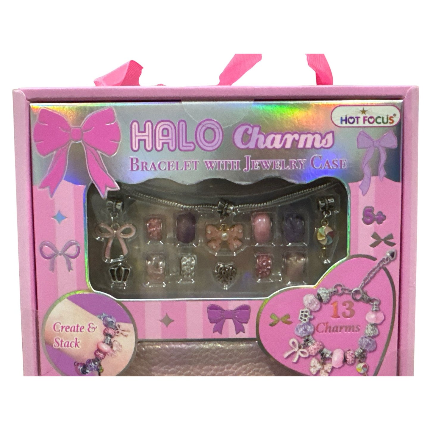 Halo Charms Bracelet With Jewelry Case - 13 Charms 1 Bracelet 1 Case Pink Bow Design Ages 5+