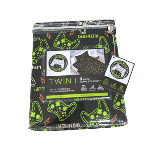 Night Pixel 3-Piece Twin Sheet Set For Kids Game Controller Print Fits Mattresses Up To 14" 100% Polyester Black & Green