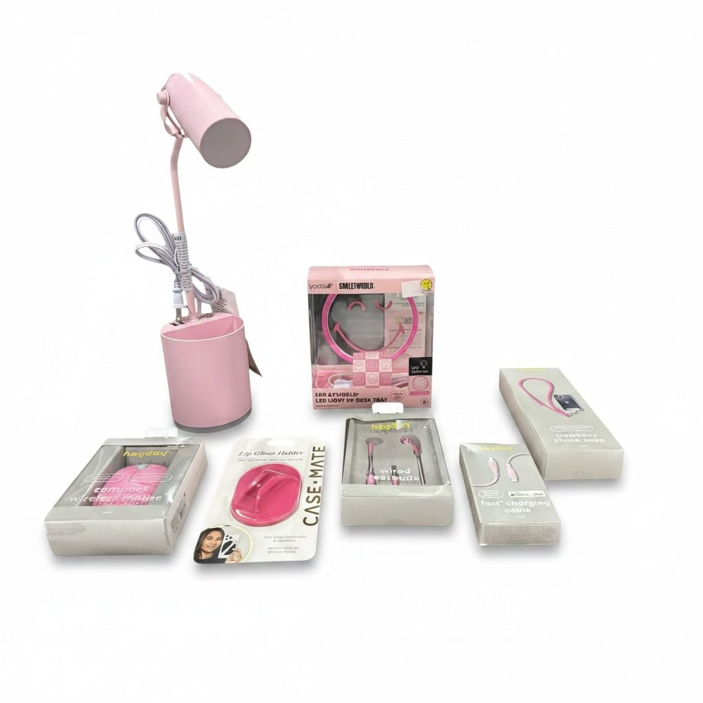 Set of 7 Assorted Pink Tech & Accessories Bundle - Lamp, Mouse, Earbuds, Charging Cable, Phone Strap, Lip Gloss Holder, & LED Desk Tray