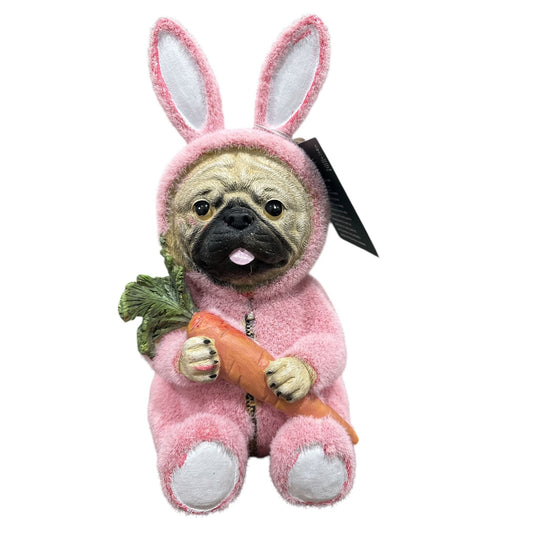 Humane Society Pink Easter Bunny Suit Pug Dog With Carrot Statue Figurine New