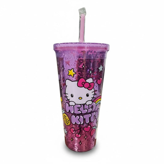 Hello Kitty Glitter Tumbler With Straw 32oz BPA-Free Pink Hearts & Stars Pattern