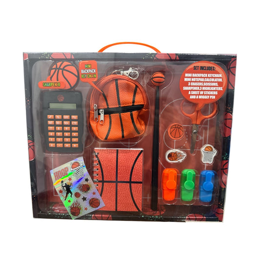 Basketball-Themed Stationery Set With Mini Backpack, Notebook Calculator, Scissors, Stickers, Erasers, Highlighters, Pen & Sharpener