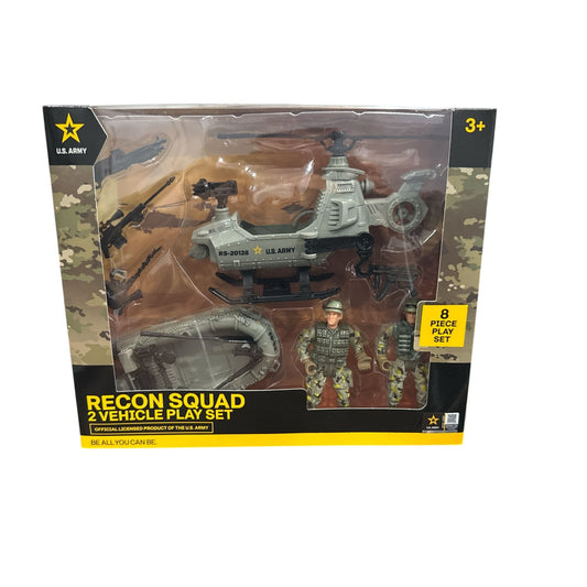 U.S. Army Recon Squad 2 Vehicle Play Set - Helicopter, Military Raft, Weapons & 2 Soldiers - 8 Piece Set