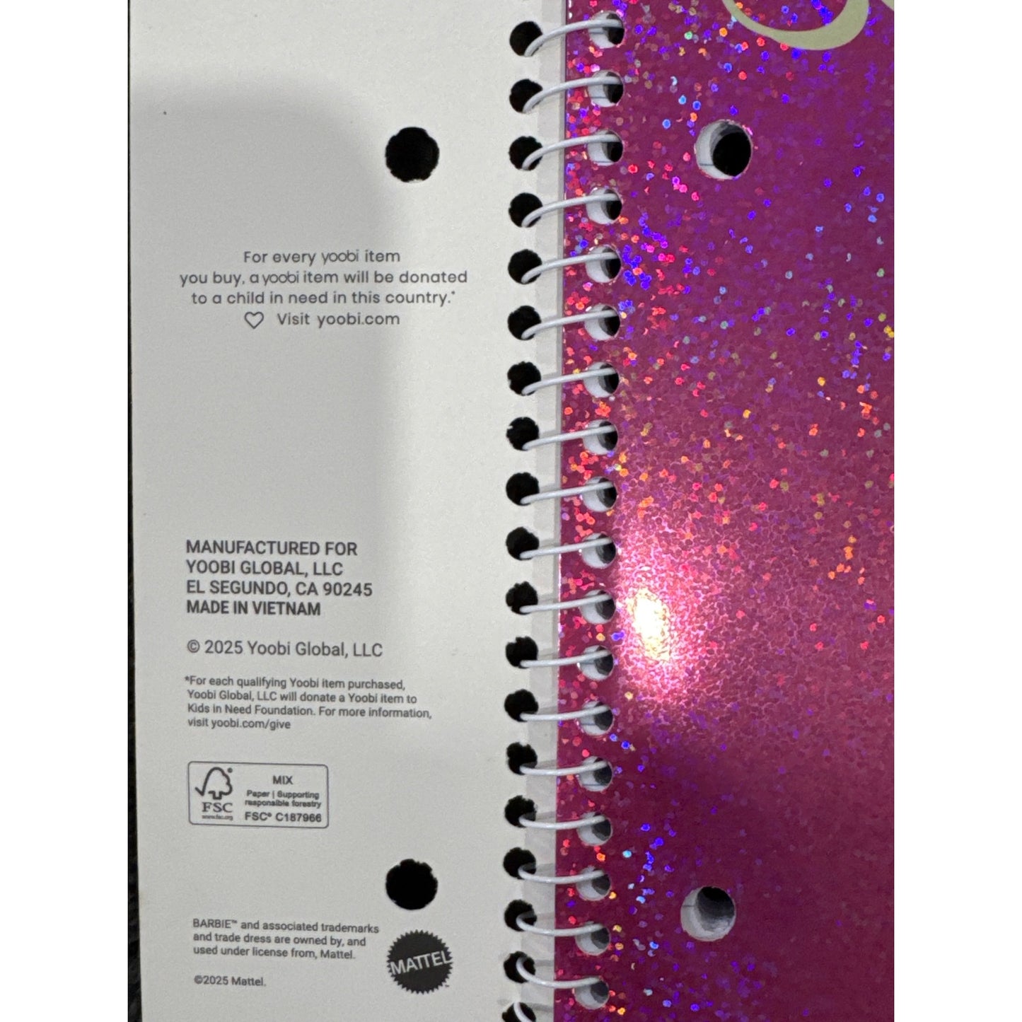 Barbie X Yoobi 1 Subject Spiral Notebooks Pink Glitter Design (2-PACK)