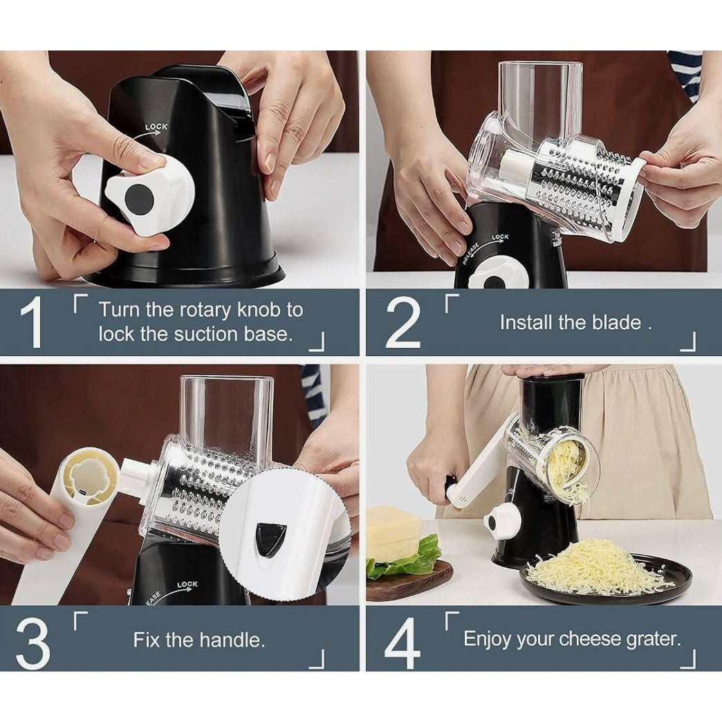 Simply Served Black Countertop Grater With 3 Stainless Steel Blades For Grating, Slicing & Shredding - BPA Free