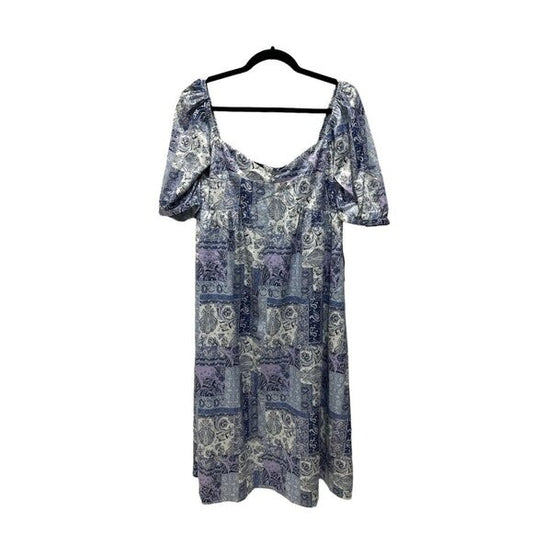 NSR Square Neck Puff Sleeve Midi Dress Blue & Lavender Paisley Print Polyester Women's Size L