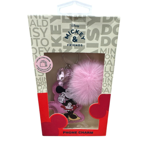 Disney Minnie Mouse Pink Fluffy Keyring & Crystal Phone Charm Accessory In Box