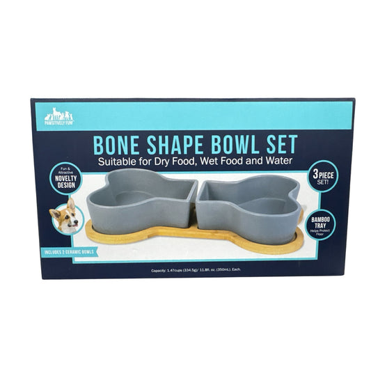 Bone Shape Bowl Set For Dogs & Cats 2 Ceramic Bowls With Bamboo Tray Suitable For Dry/Wet Food & Water