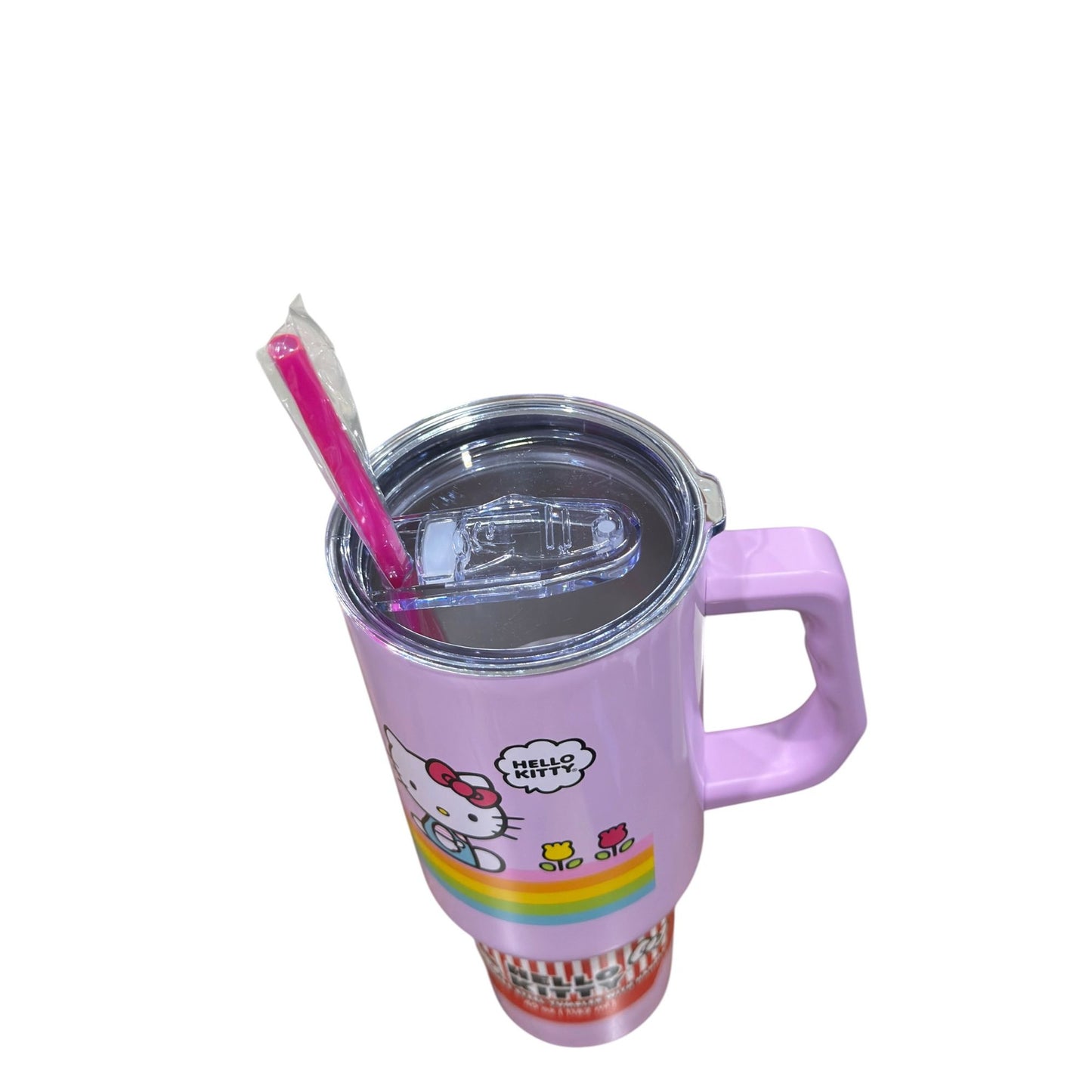 Hello Kitty 40 Oz Stainless Steel Tumbler With Handle & Straw - Pastel Rainbow Design