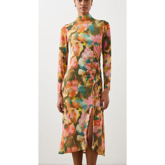 Rails Watercolor Floral Print Long-Sleeve Midi Dress With Ruched Detail & Side Slit Size M Multicolor