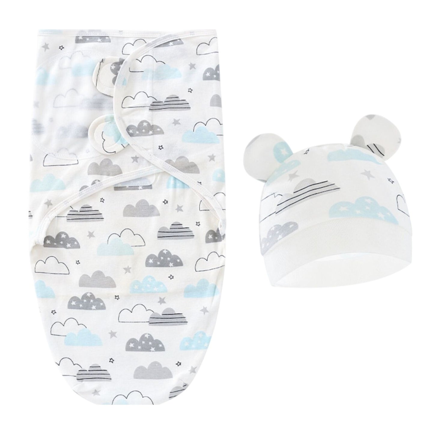 Baby Colorful Cloud Swaddle Blanket & Hat Set With Cloud Print And Ear Details Newborn Size
