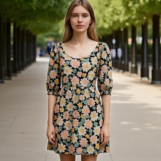 Velvet Torch Black & Pink Floral Puff Sleeve Mini Dress Large